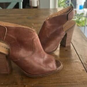 Lucky Brand “Lizette” Brown Leather Open Toe Booties